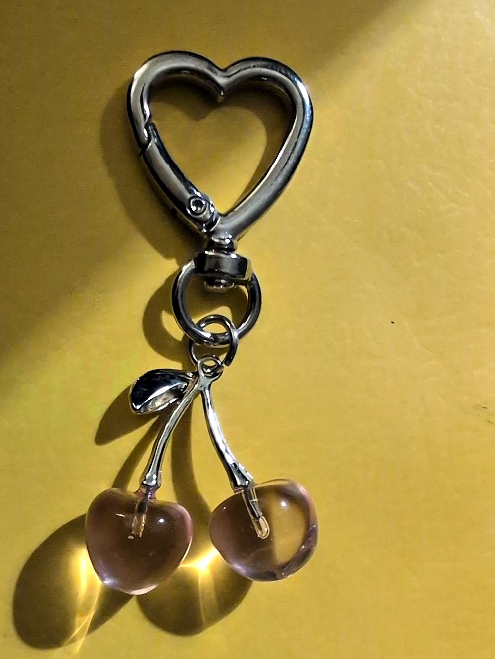 Heart Cherry Bag Charm in Silver & Pink